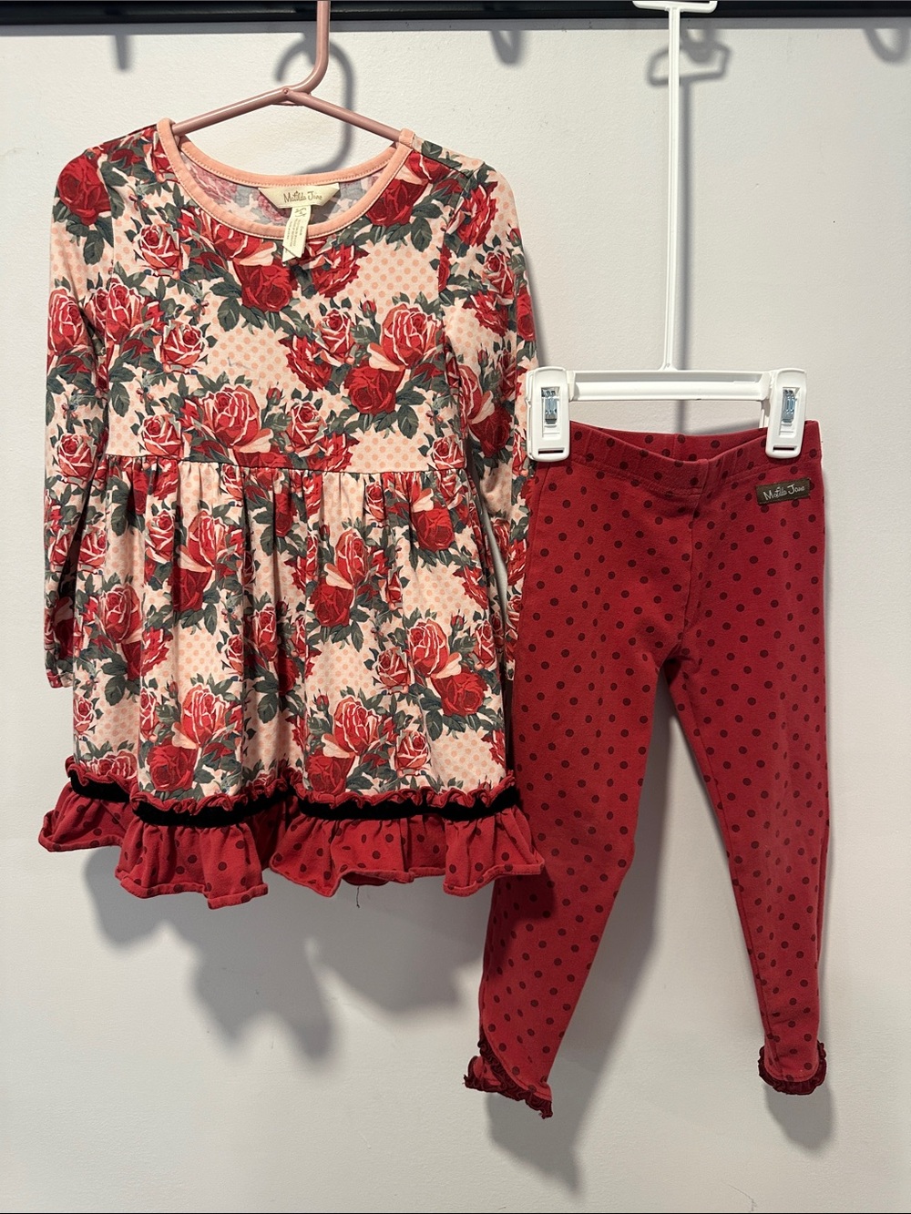 Matilda Jane Rose Print Peplum Top with Red Polka Dot Leggings
